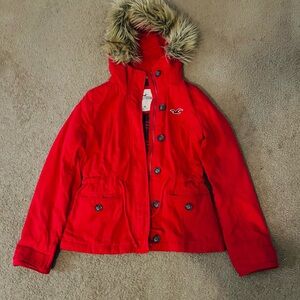 Hollister Red Hooded coat with Faux Fur Trim size medium